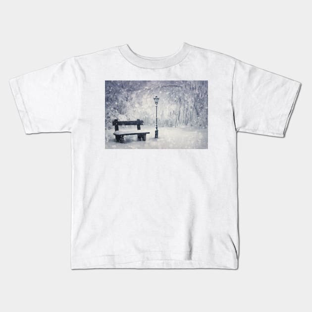 winter in the snowy park Kids T-Shirt by psychoshadow